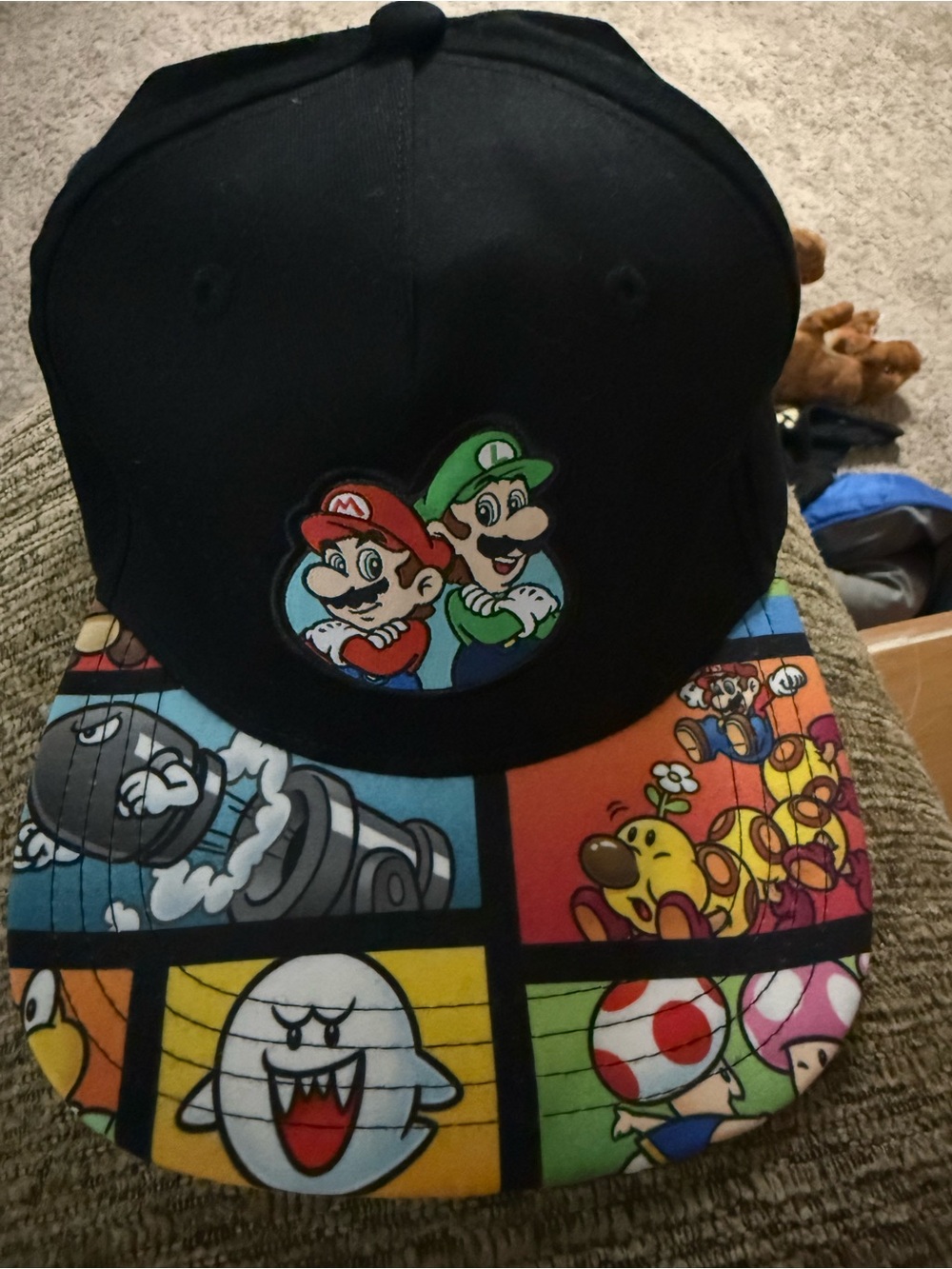 Kids Black Super Mario Snapback Hat‎ with Colorful Brim